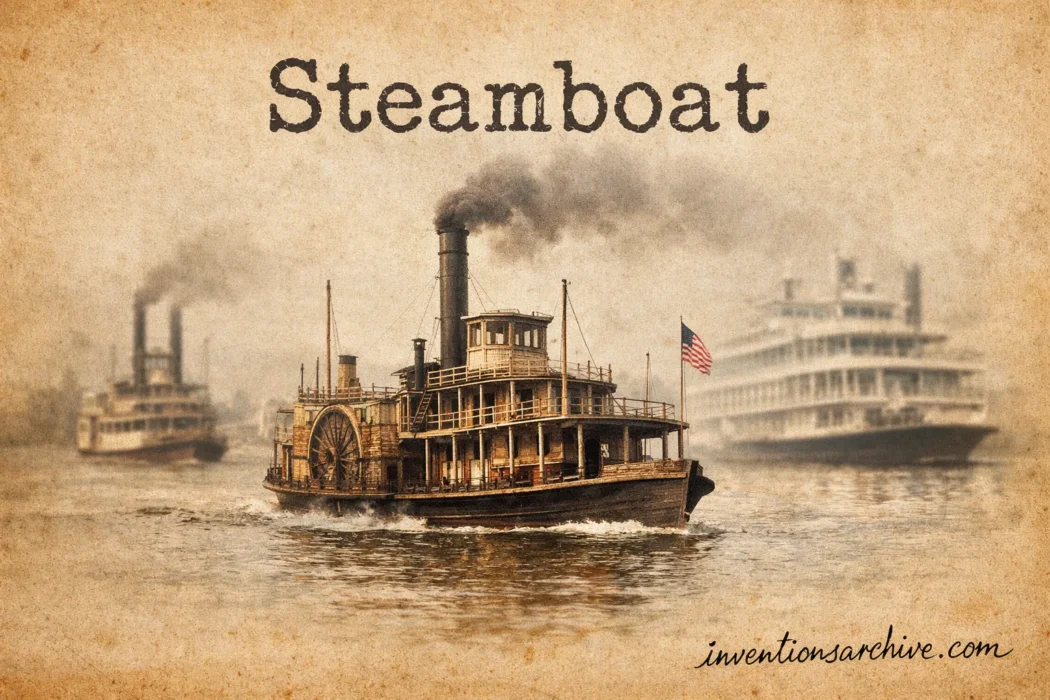 A steamboat with a wooden hull, smokestacks releasing smoke, and an American flag flying at the stern.