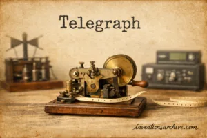 A vintage telegraph machine with a brass transmitter and receiver, connected by wires, on a wooden table.