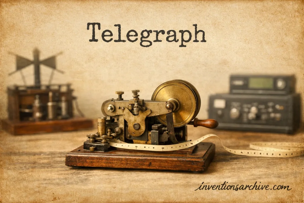 A vintage telegraph machine with a brass transmitter and receiver, connected by wires, on a wooden table.