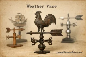 A metal weather vane with a rooster figure atop, showing wind direction with arrows, as an example of weather vane metal type…