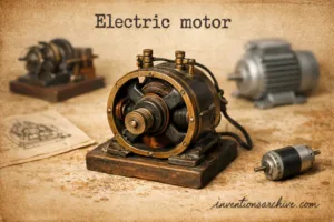 An electric motor with visible copper wiring, gears, and metal casing showcasing its core components as an invention.