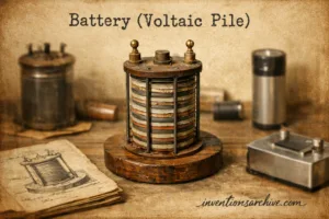 The voltaic pile battery shows stacked metal discs with cloth separators, illustrating the early invention of the voltaic pil…