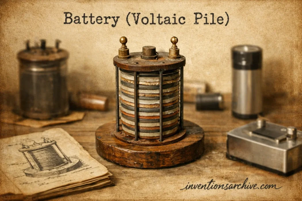 The voltaic pile battery shows stacked metal discs with cloth separators, illustrating the early invention of the voltaic pil…