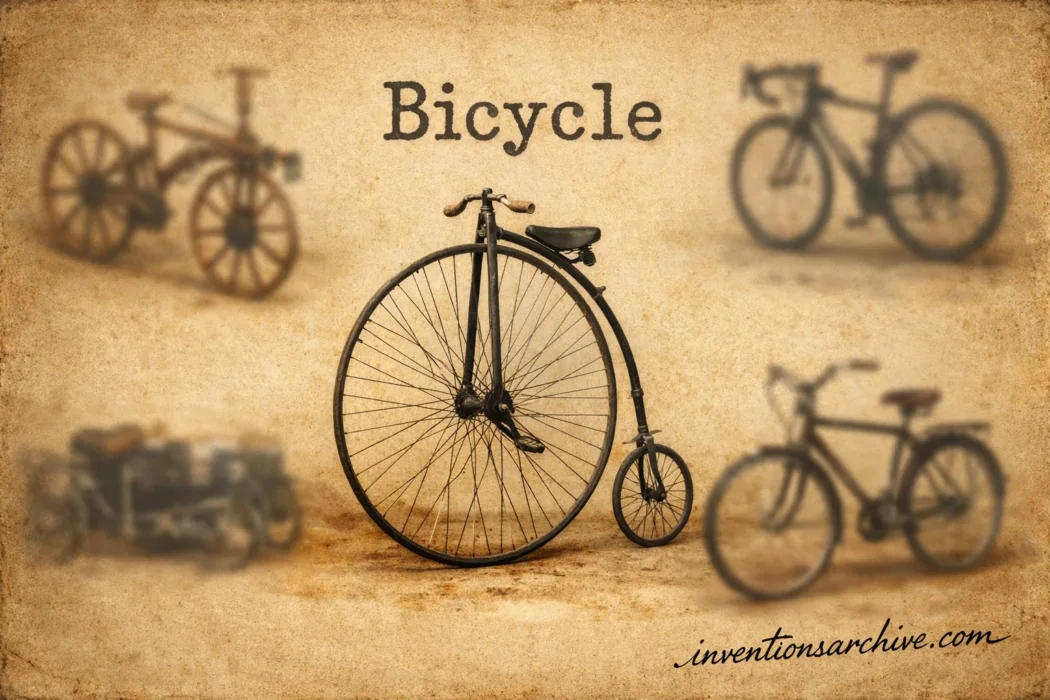 A vintage bicycle with large front wheel and small rear wheel, showcasing an innovative ICAR design on old paper background.