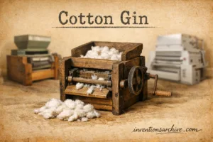 A cotton gin with wooden parts and metal gears separates cotton fibers from seeds in this invention illustration.
