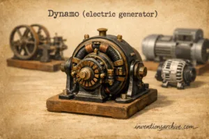 A vintage dynamo electric generator with a large brass wheel, gears, and a metal frame on a wooden surface.