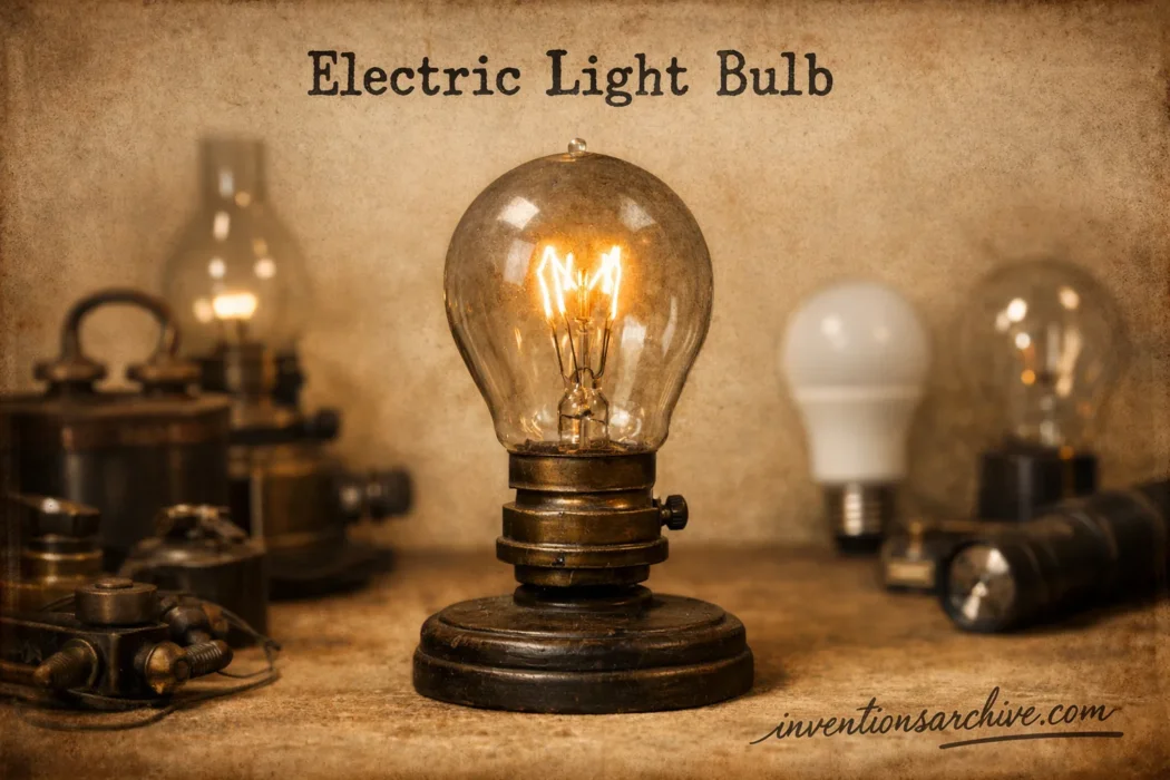 A vintage electric light bulb with glowing filament sits on a wooden surface, demonstrating an invention in lighting technolo…