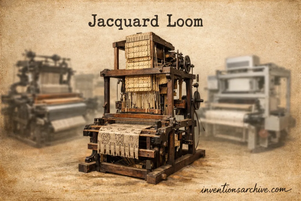 A Jacquard loom with a wooden frame, punch cards, and complex textile patterns being woven.