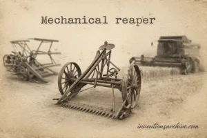 A mechanical reaper with large wheels and a rotating cutting blade used for harvesting crops.