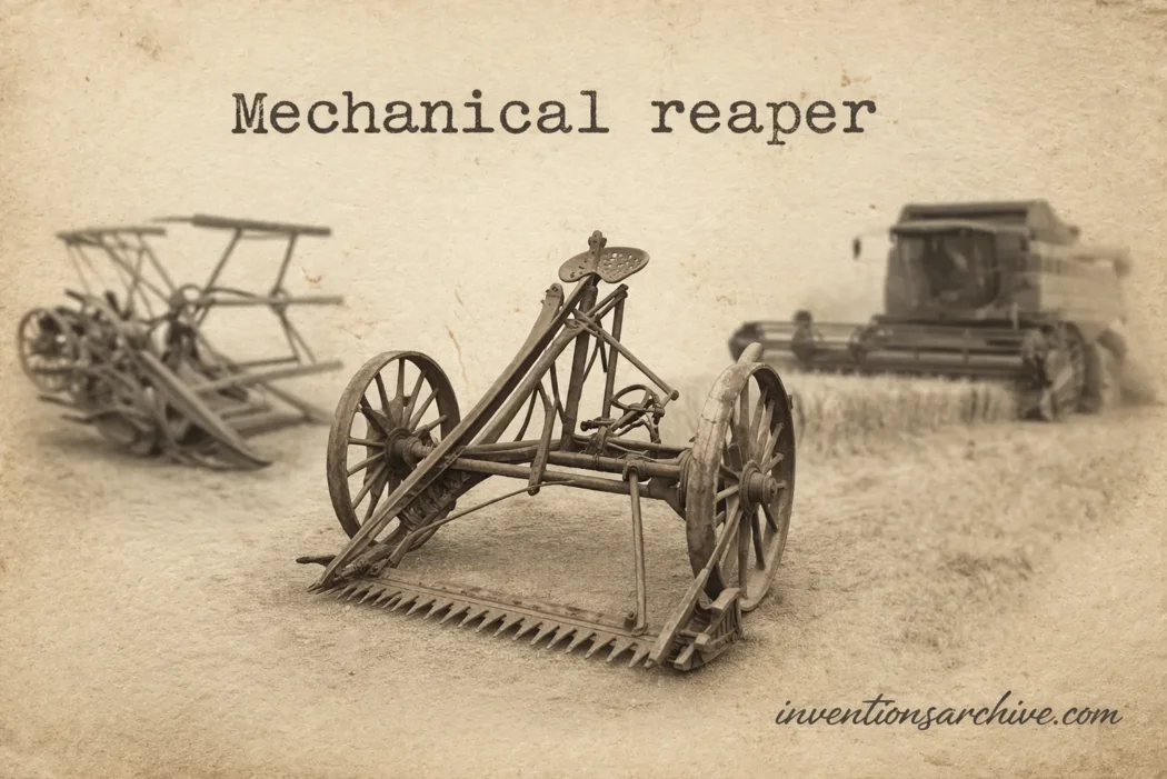 A mechanical reaper with large wheels and a rotating cutting blade used for harvesting crops.