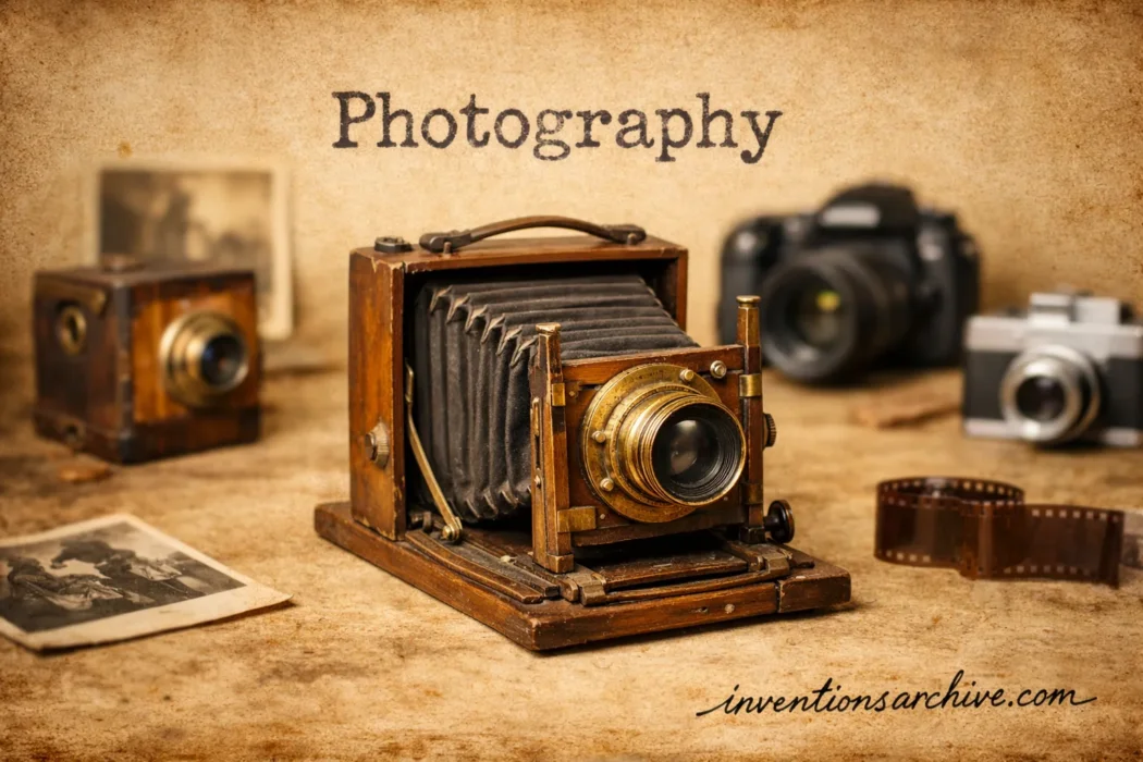 A vintage camera and a modern digital camera on a wooden table, illustrating the evolution of photography.
