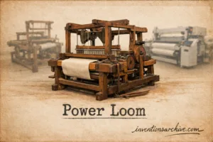 A power loom machine with woven fabric rolls, illustrating the invention of the power loom for textile production.