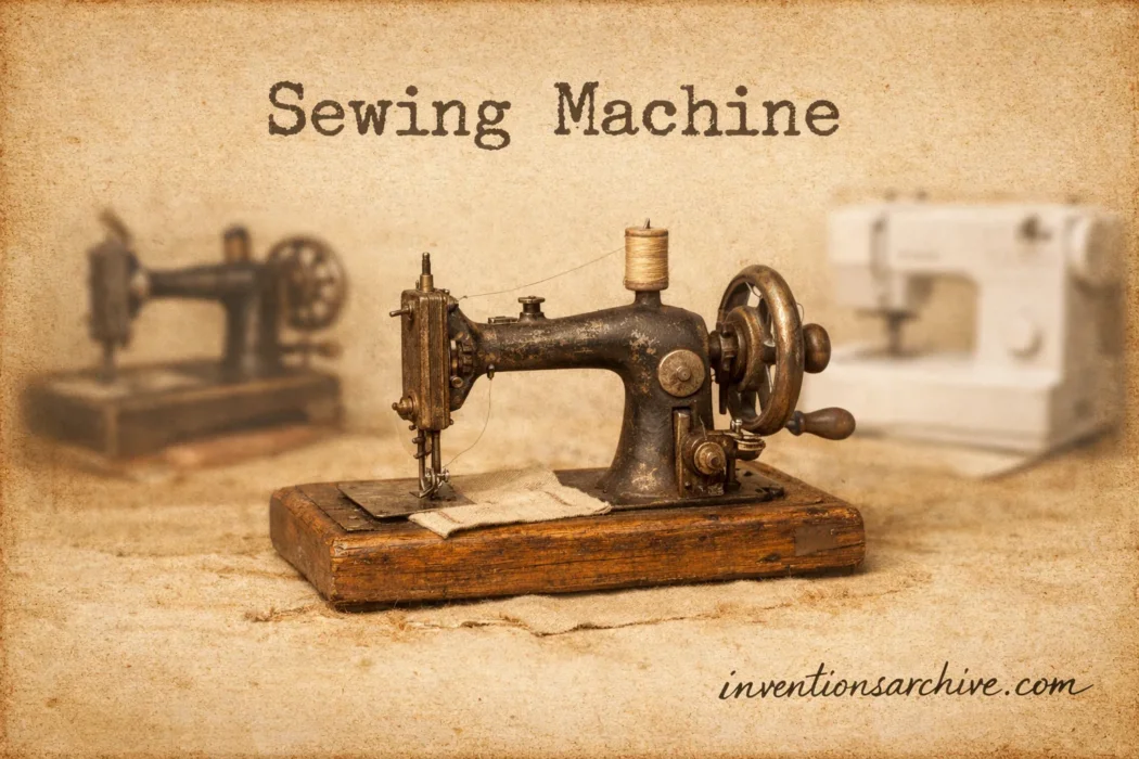 A vintage sewing machine with a metal body, hand crank, and wooden base on a sewing table.