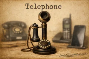 A vintage manual telephone with a rotary dial and a cord connected to a receiver on a wooden desk.