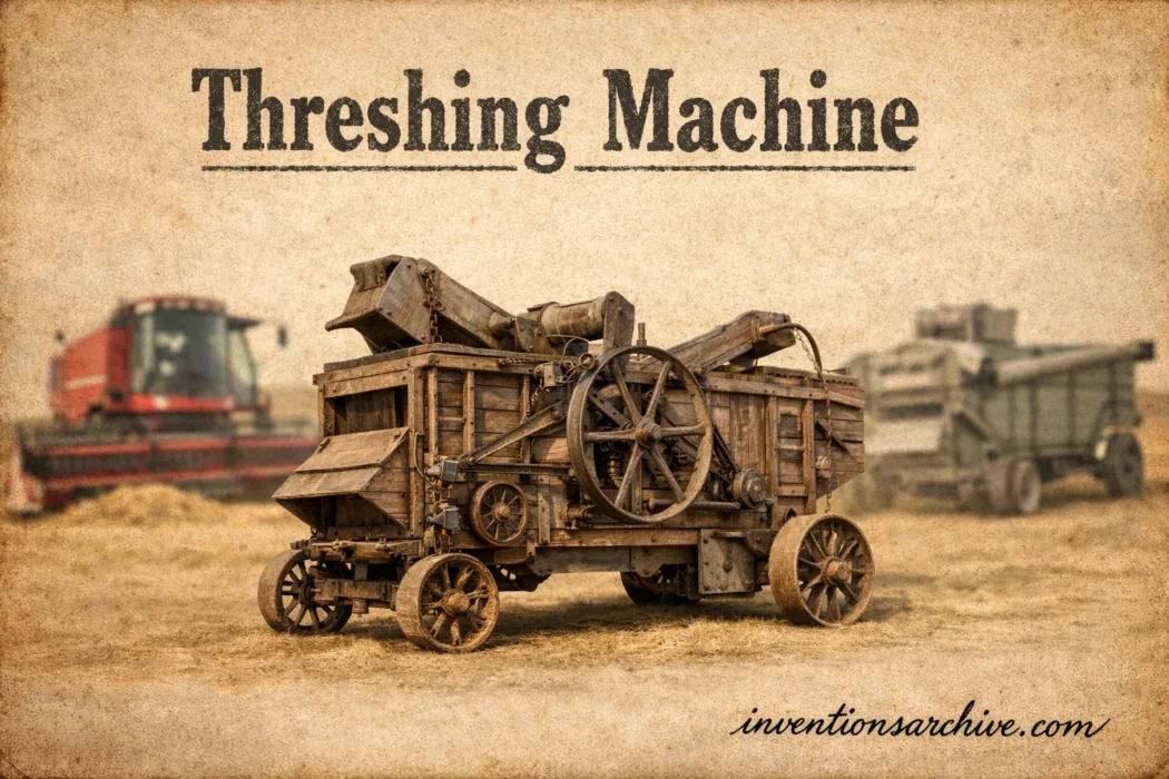 A threshing machine with large wheels and metal components used for separating grain from stalks.