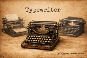 A vintage typewriter with black keys, metal typebars, and a sheet of paper in a rustic setting, showcasing the invention of t…