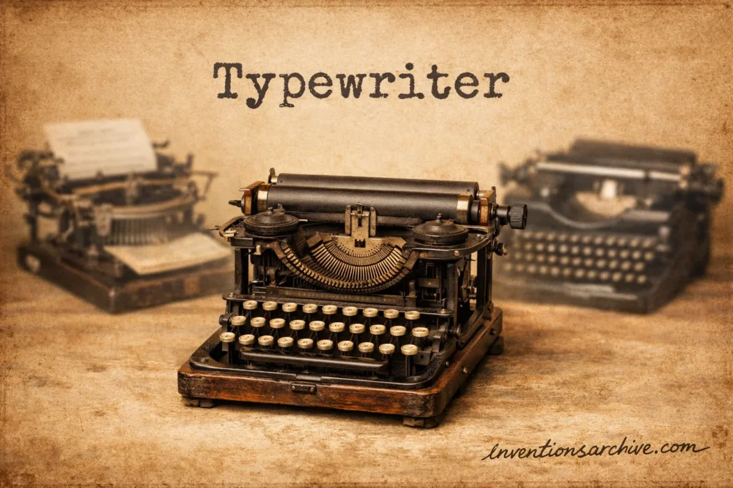 A vintage typewriter with black keys, metal typebars, and a sheet of paper in a rustic setting, showcasing the invention of t…