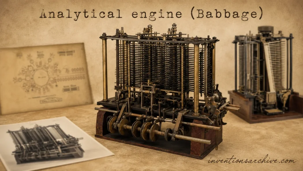 The Analytical Engine by Babbage is a historic early computer featuring intricate mechanical parts and gears.