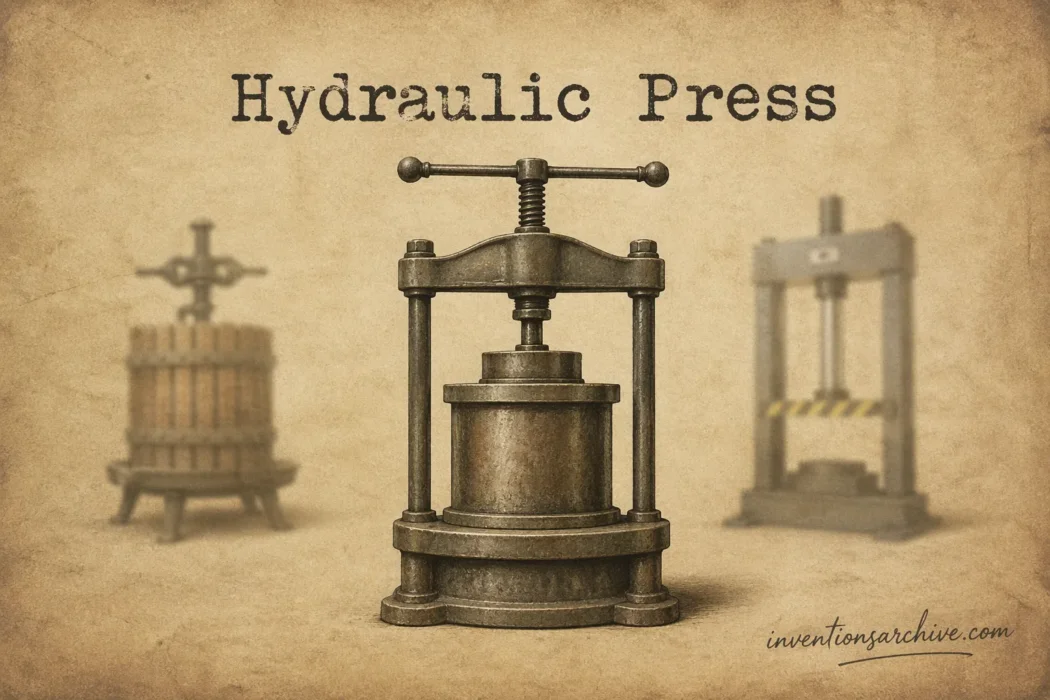 A hydraulic press, an invention used to apply force through liquid pressure, shown in a vintage-style illustration.