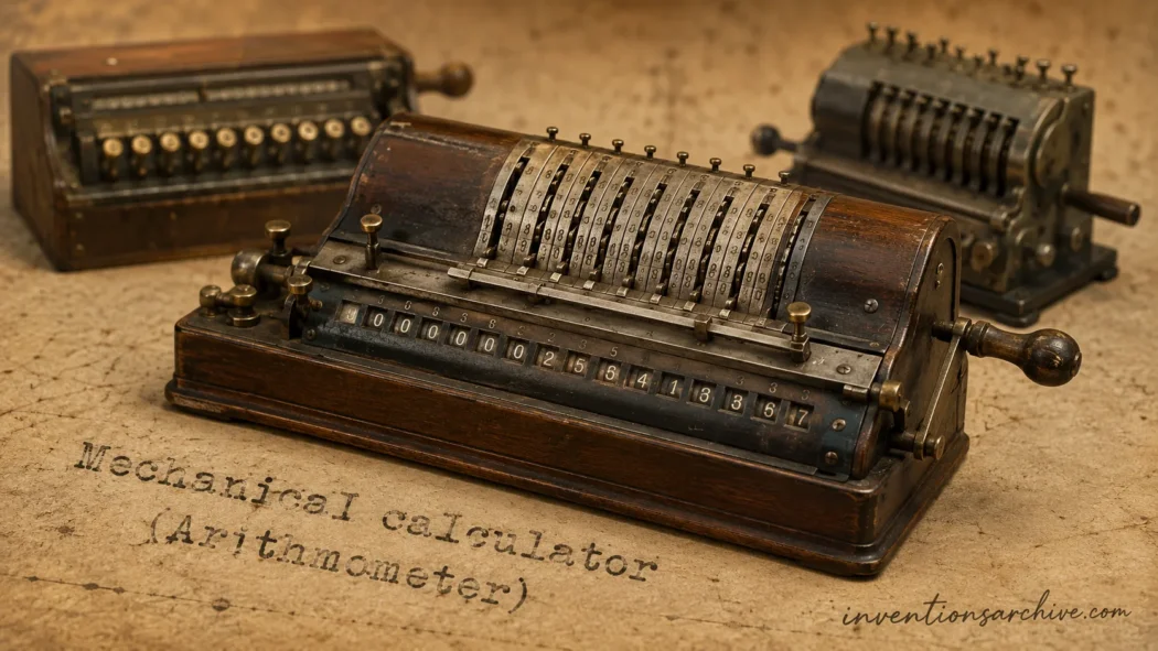 A mechanical calculator, the Arithmometer, shown with labeled dials and gears, demonstrates early computing technology.