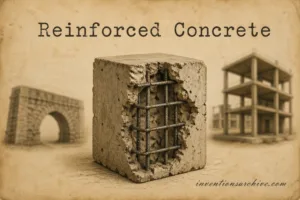 Reinforced concrete structure with embedded steel rebar, showcasing the invention that strengthens building materials.