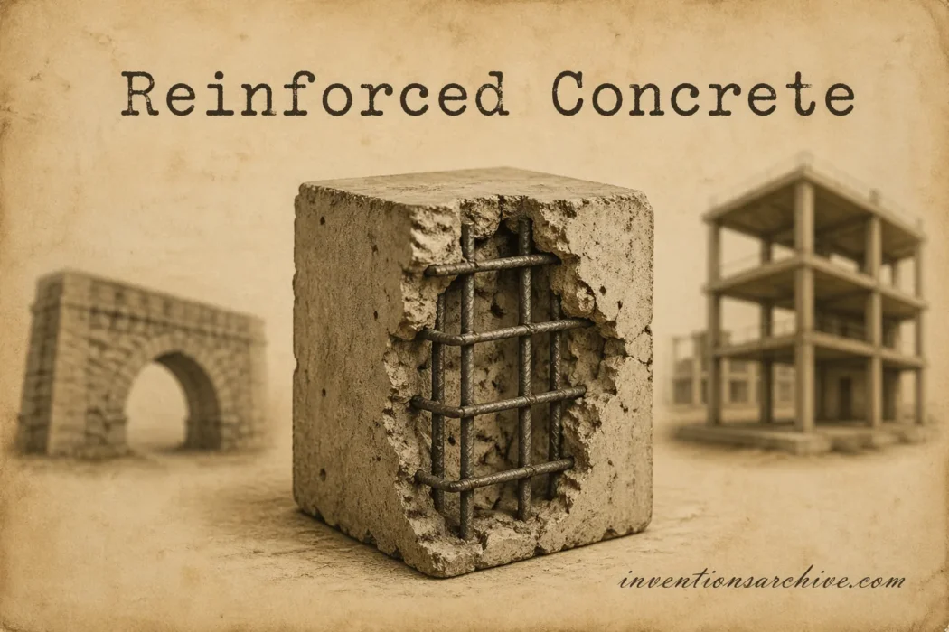 Reinforced concrete structure with embedded steel rebar, showcasing the invention that strengthens building materials.