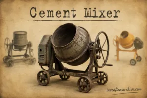 A cement mixer, an invention for blending concrete, features a rotating drum mounted on a wheeled frame.