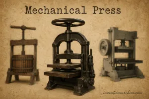 A mechanical press, an invention, is shown with its hand crank, gears, and sturdy frame used for shaping materials.
