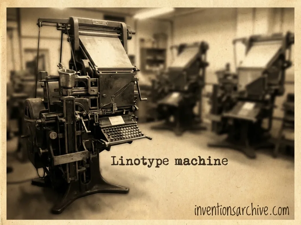 A linotype machine, an influential invention, revolutionized typesetting and printing processes in the publishing industry.