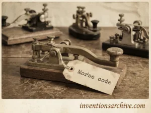 A vintage Morse code communication device with a paper label reading 'morse code' on it.