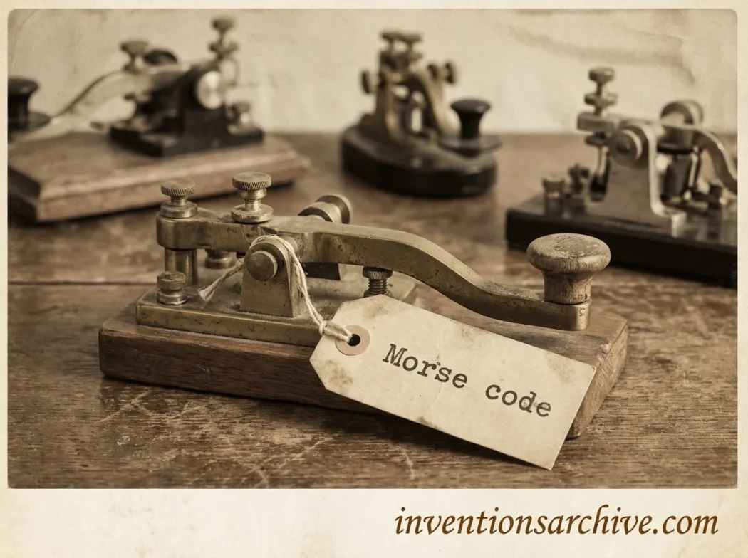 A vintage Morse code communication device with a paper label reading 'morse code' on it.