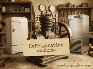 A refrigeration machine prototype with a handmade sign demonstrating an invention for cooling temperatures.