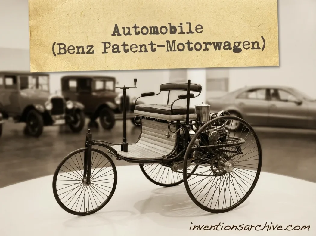 Benz Patent-Motorwagen, the first automobile, showcases early design with a simple frame, engine, and three wheels.