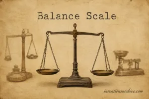 A balance scale showing an invention used for precise weight comparison and measurement.
