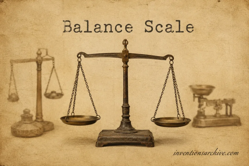 A balance scale showing an invention used for precise weight comparison and measurement.