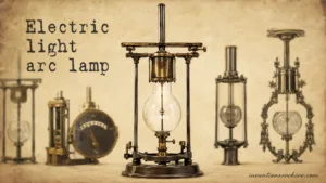 An early electric light arc lamp invention showing components and design used for illumination.