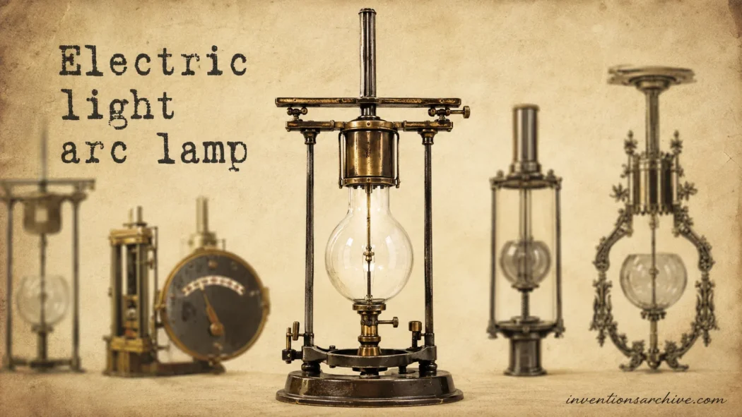 An early electric light arc lamp invention showing components and design used for illumination.