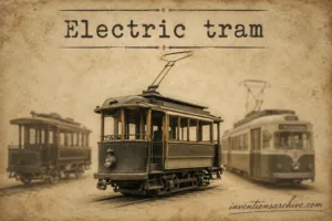 An electric tram demonstrating innovative transport technology from the 20th century.