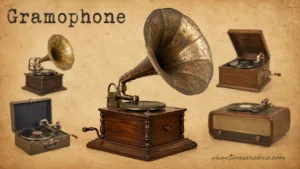 A vintage gramophone with a large horn and wooden base, showcasing the classic design of the invention.