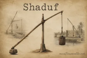 A shaduf, an ancient irrigation device, is shown with a bucket attached to a lever for lifting water.