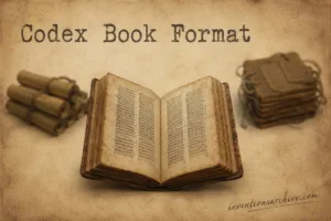 The image shows a codex book format with an open ancient book and two smaller closed books on either side.