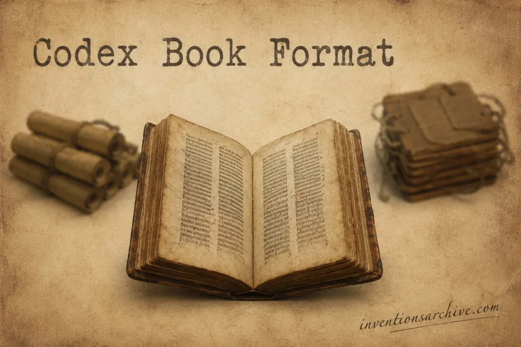 The image shows a codex book format with an open ancient book and two smaller closed books on either side.