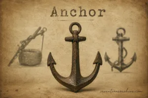 An anchor, a device or invention used to secure ships, shown in a vintage style with the word 'Anchor' at the top.