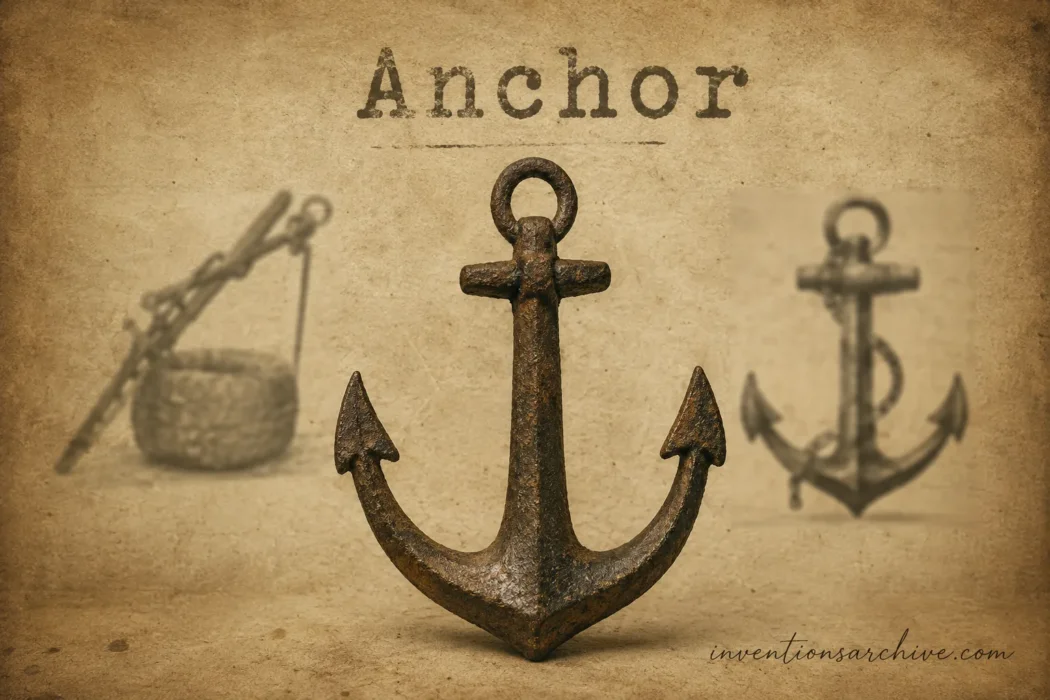 An anchor, a device or invention used to secure ships, shown in a vintage style with the word 'Anchor' at the top.