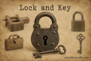 A vintage lock and key illustrating the concept of a lock and key as an invention for security.