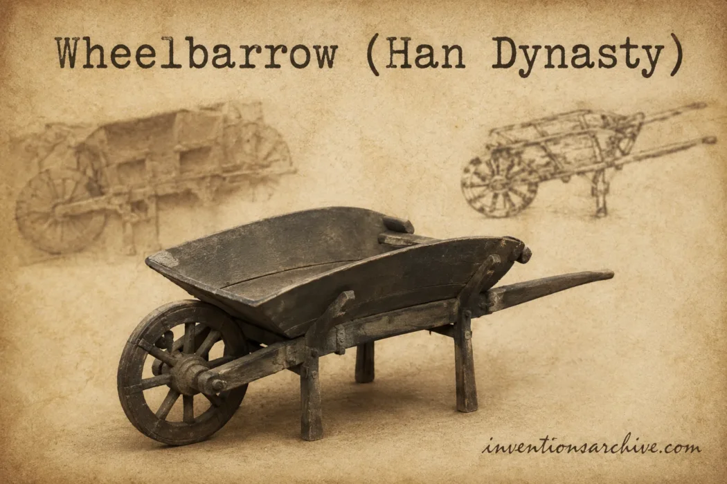 A Han Dynasty wheelbarrow, showcasing the ancient invention used for transportation and construction.