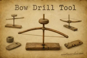 A bow drill tool used for starting fires or drilling, showcasing its components and traditional design.