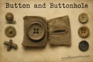 A detailed view of a button and buttonhole, showcasing how the button fits into the fabric to fasten clothing.