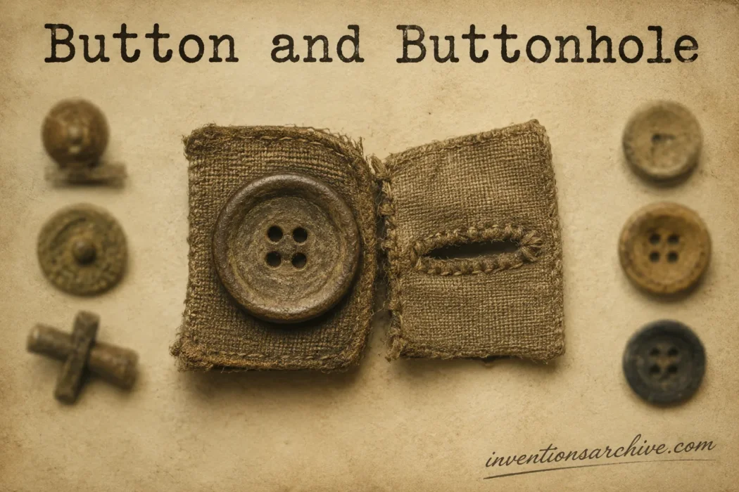 A detailed view of a button and buttonhole, showcasing how the button fits into the fabric to fasten clothing.