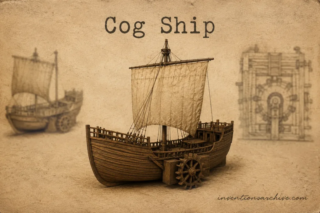 A Cog Ship, an ancient invention, with a wooden hull and sail, showcasing historical maritime technology.